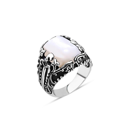 White Square Mother of Pearl Stone Men's Silver Ring with Sword Pattern Siding
