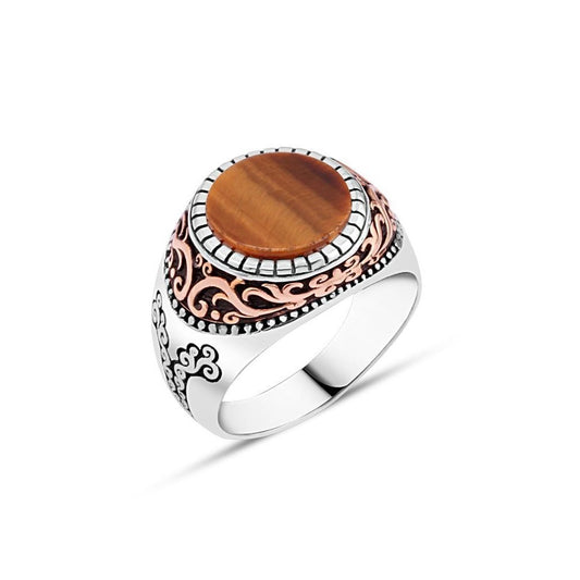 Mens Silver Ring with Small Circle Tiger Eye Stone and Wavy Top Pattern 