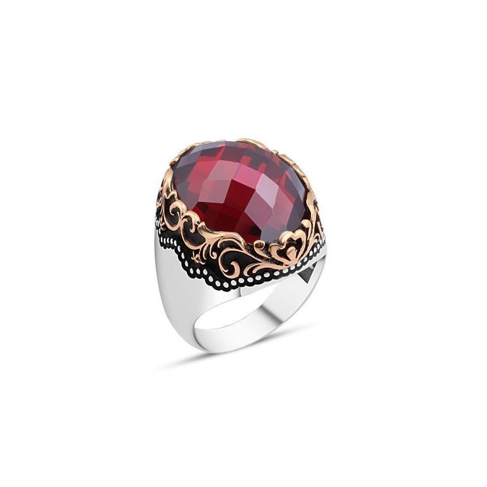 Red Zircon Stone Mens Silver Rings