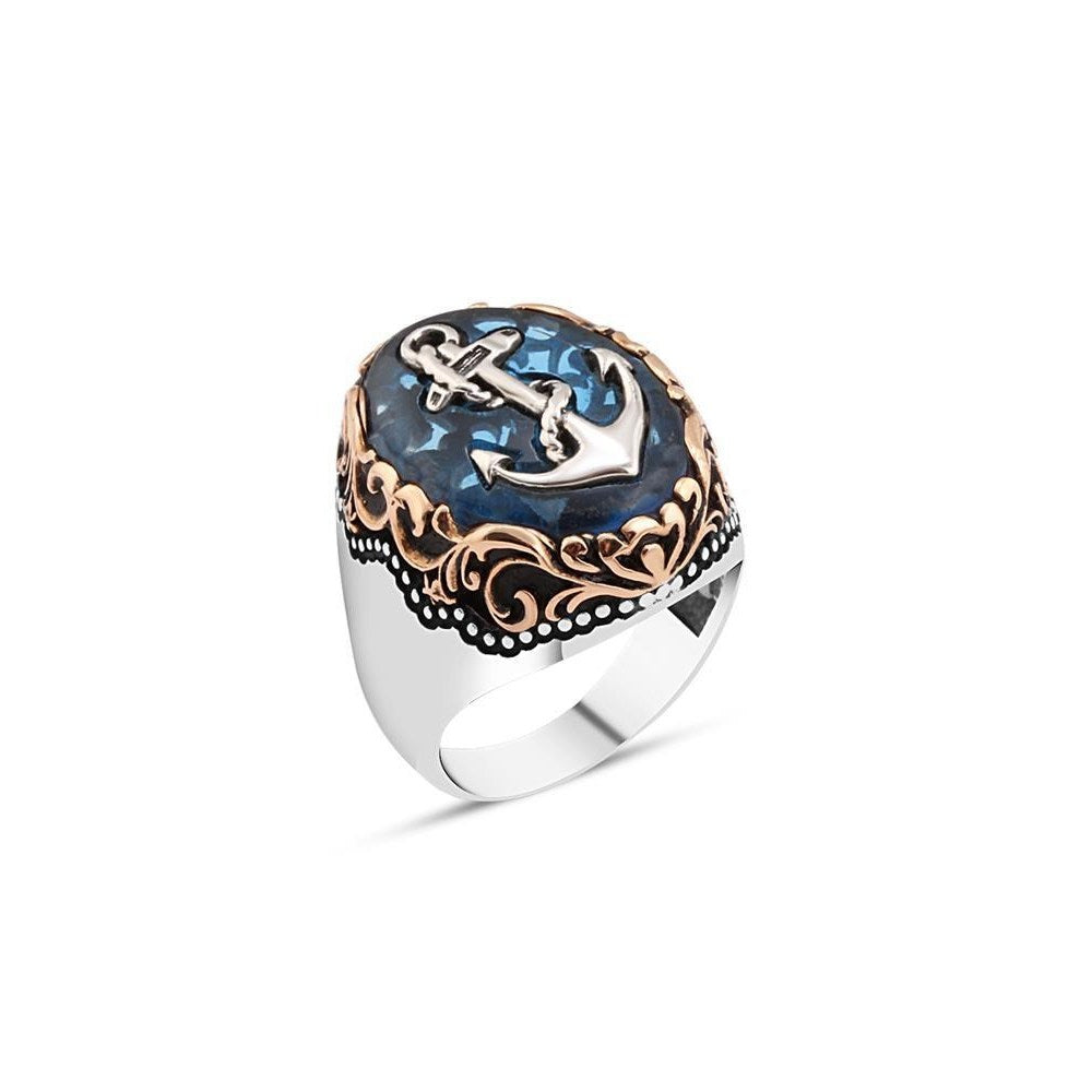 Anchor on Blue Ellipse Synthetic Amber Stone Men's Silver Ring