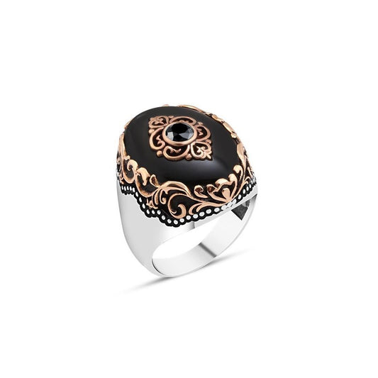 Onyx Stone Patterned Sliver Ring