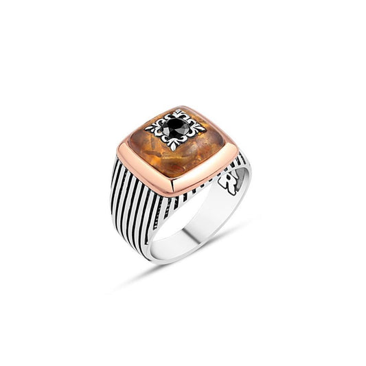 Zircon And Amber Stone Silver Rings For Men