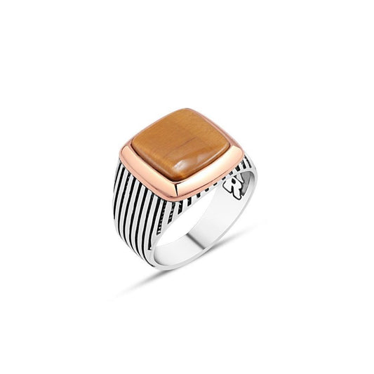 Square Tiger Eye Stone Men's Silver Ring with Striped Pattern Sidings