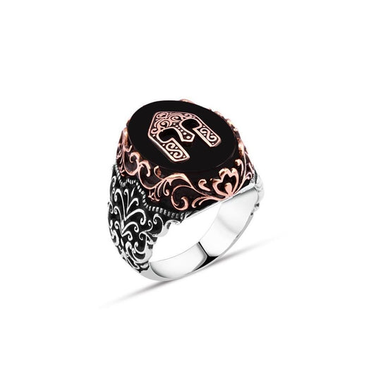 Black Ellipse Onyx Stone Men's Silver Viking Helmet Ring with Wavy Pattern Detail