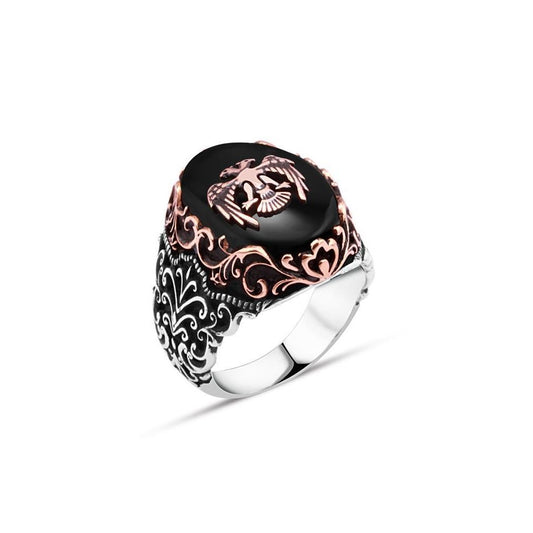 Seljuk Eagle Men's Ring Silver On Onyx