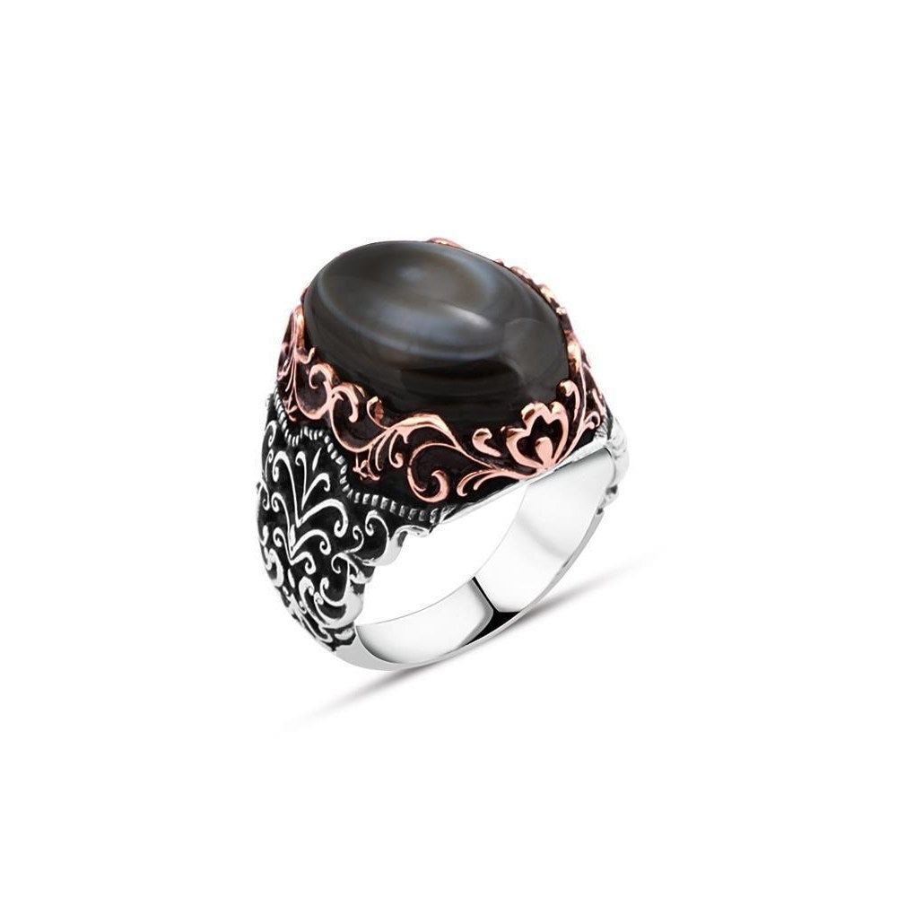 Wavy Pattern Silver Ring with Black Ellipse Veined Onyx Stone for Men