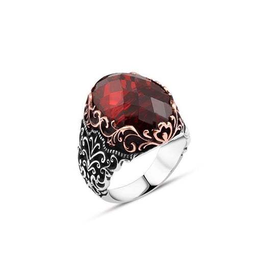 Red Zircon Stone Men's Silver Ring