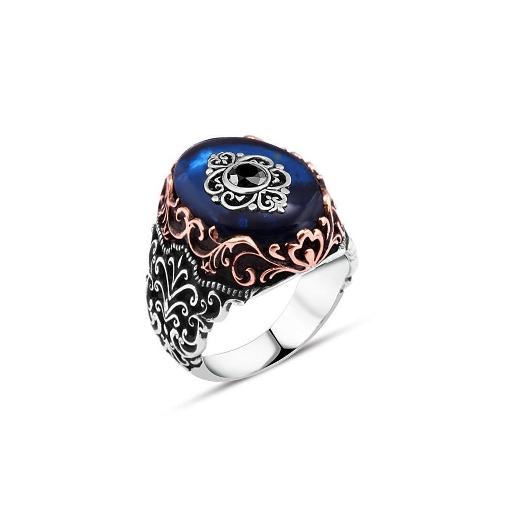 Blue Amber Single Stone Silver Ring For Men
