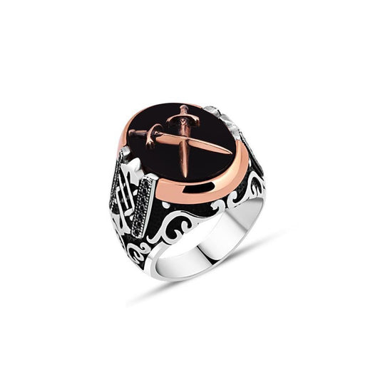 Double Sword Silver And Onyx Ring