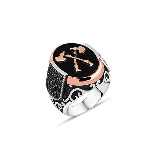 Double Axe Sterling Silver Onyx Ring