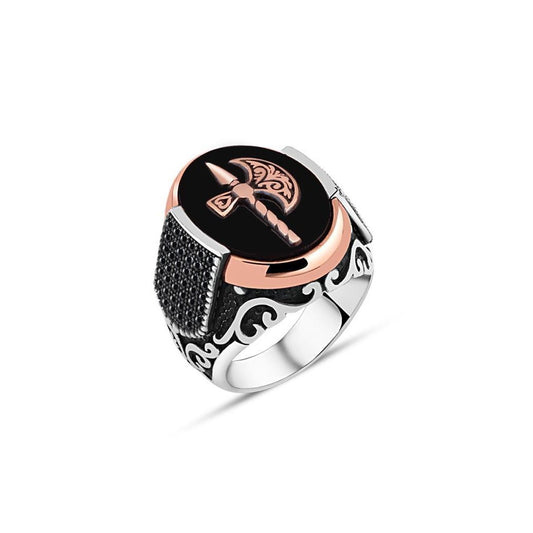 Men's Silver Ring Featuring Axe on Black Ellipse Onyx Stone with Epaulet-Style Siding Zircons