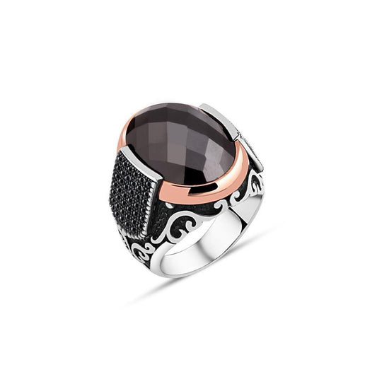 Facet Cut Black Zircon Silver Ring