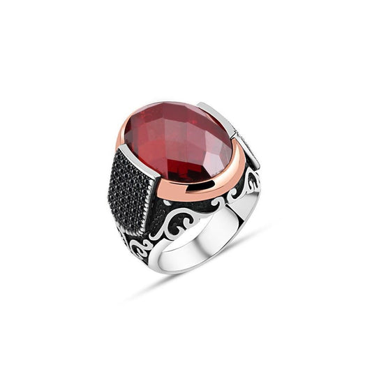 Facet Cut Red Zircon Silver Ring