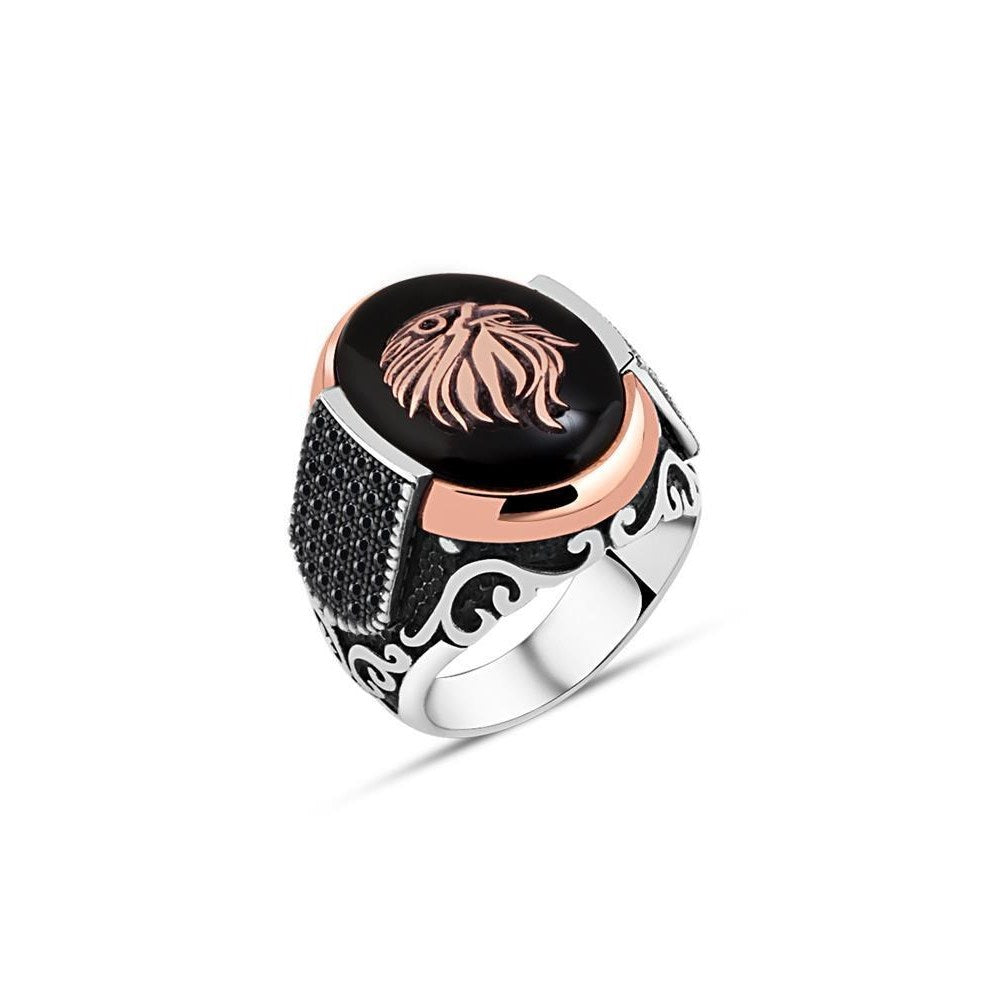 Eagle Head Onyx Silver Ring For Men