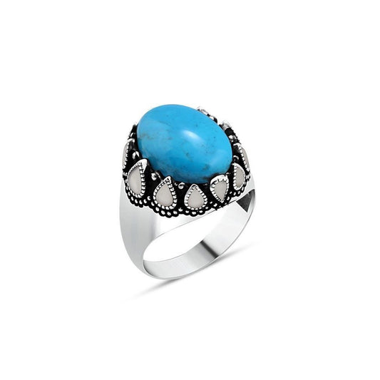 Domed Ellipse Turquoise Stone Men's Silver Ring with White Teardrops