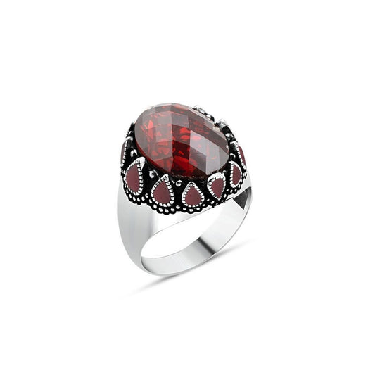 Red Zircon And Enamel Mens Silver Rings