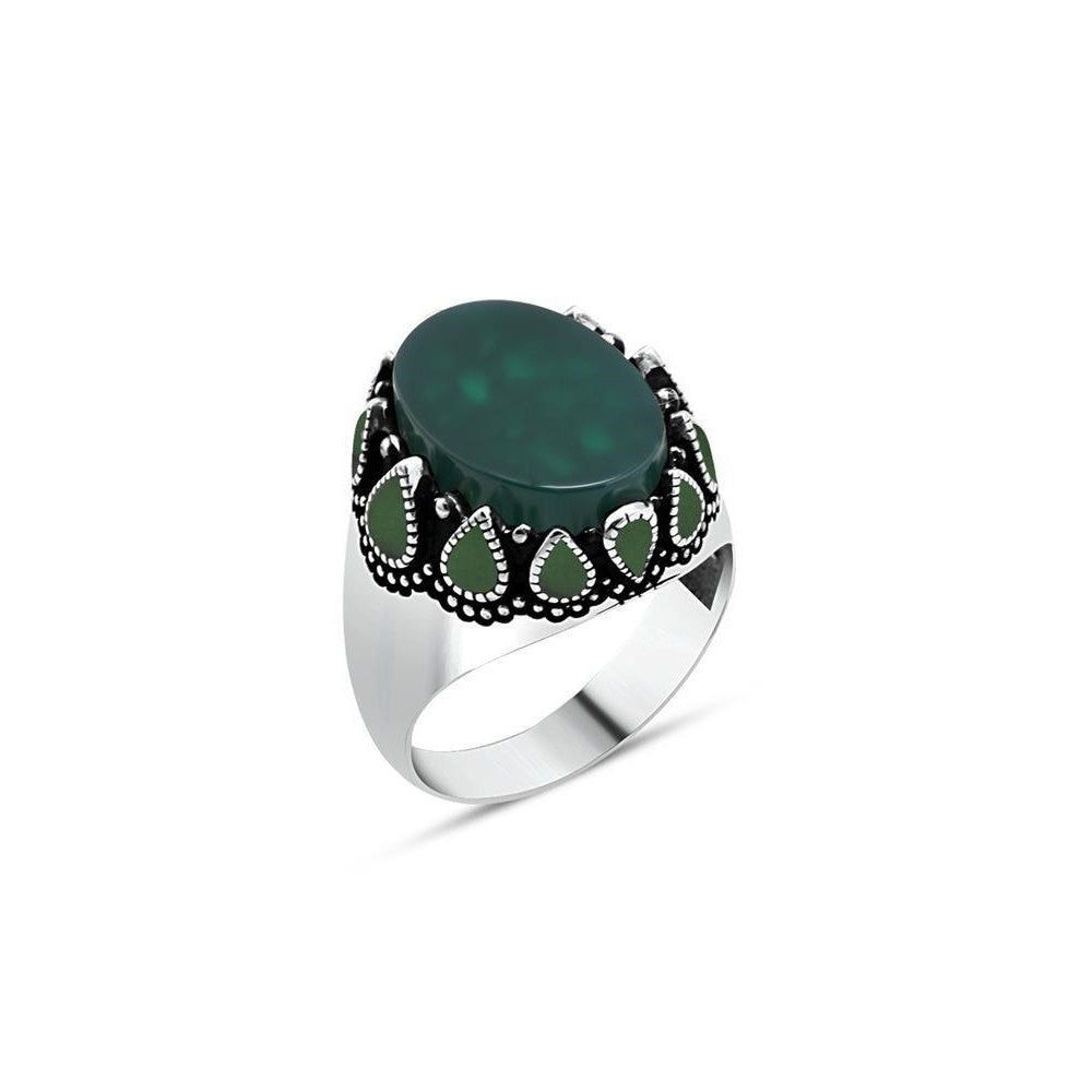 Green Agate And Enamel Silver Rings For Men