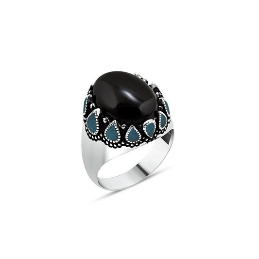 Blue Enamel And Black Onyx Silver Ring