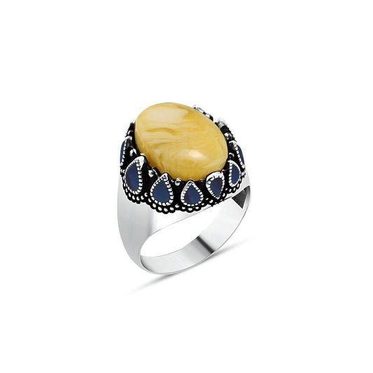 Blue Enamel And Amber Silver Ring