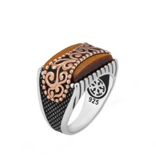 Silver Ring with Tiger Eye Stone and Intricate Embellishments