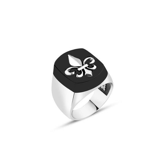 Lily Symbol Onyx Silver Ring For Men