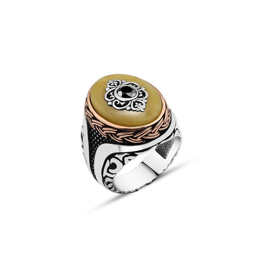 Amber Silver Ring With Motive