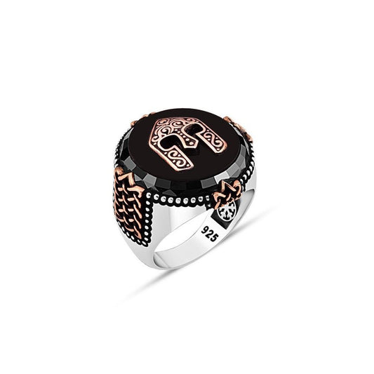 Black Onyx Stone Men's Silver Helmet Ring with Intricate Web Epaulet Siding