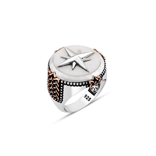 Star On Mother Of Pearl Men's Silver Ring