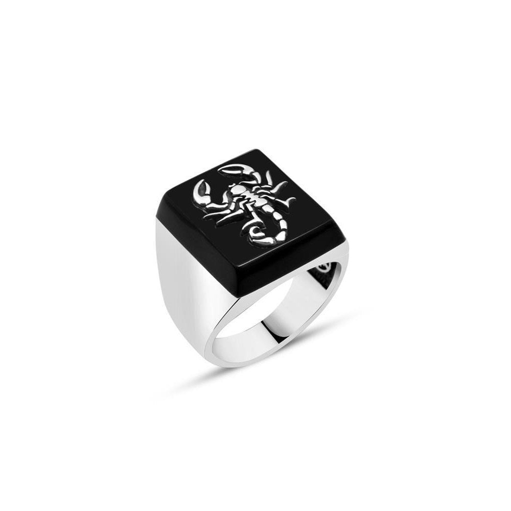 Scorpion Symbol Mens Onyx Silver Ring