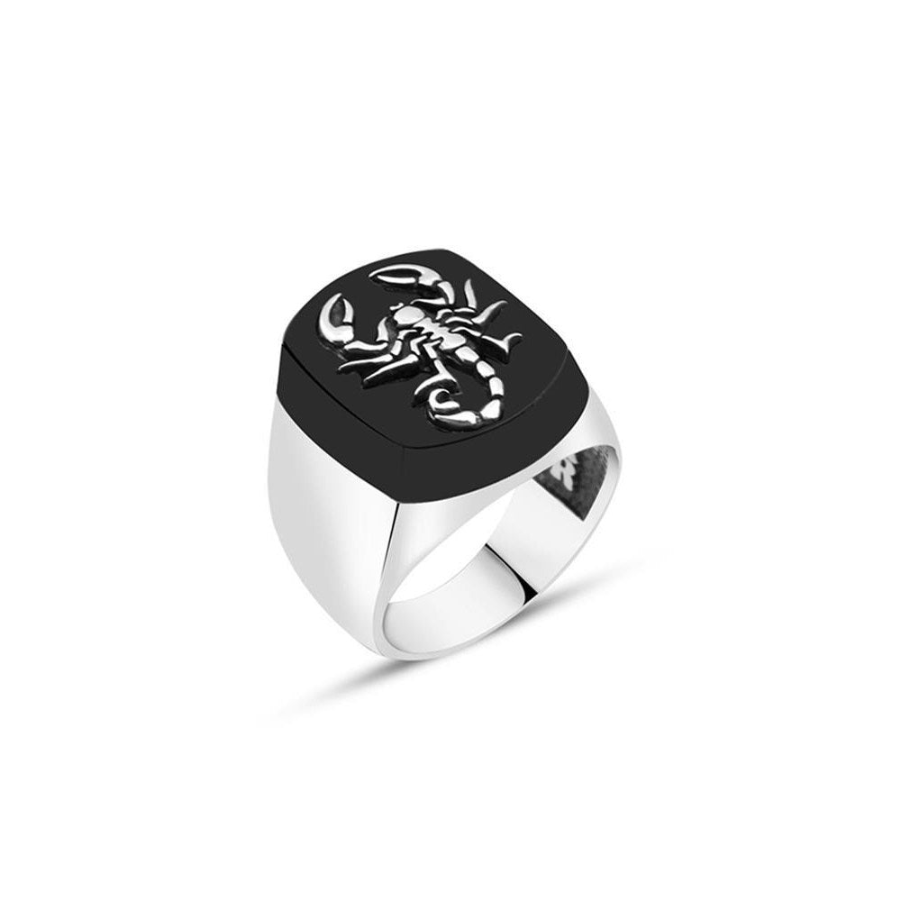 Scorpion Symbol Onyx Silver Rings For Men