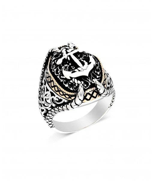 Sterling Silver Anchor Motif Men's Ring with Engraved Sides
