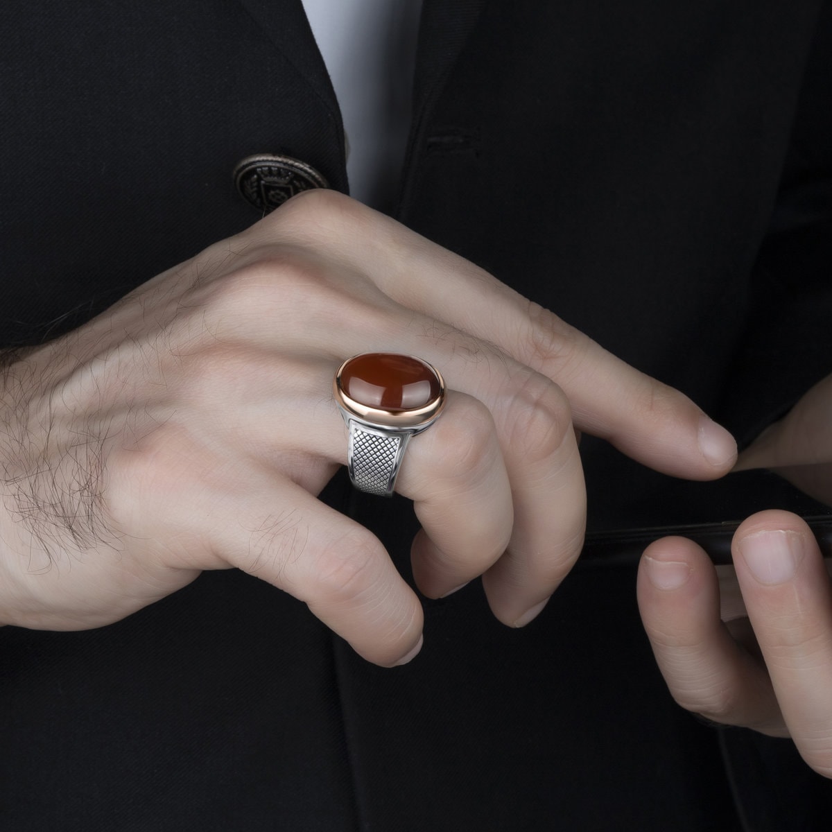 Red Agate Stone Mens Silver Ring