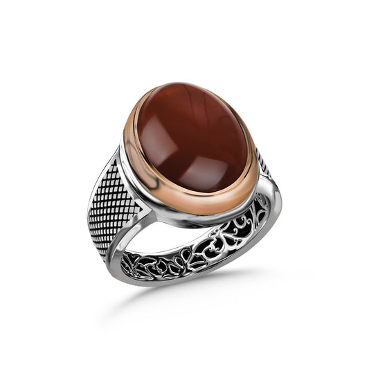 Red Agate Stone Mens Silver Ring