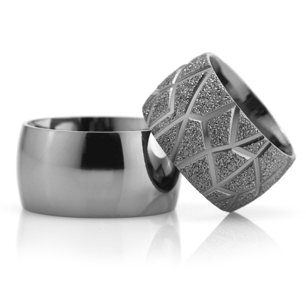 12-MM Black convex sterling silver wedding rings set orlasilver