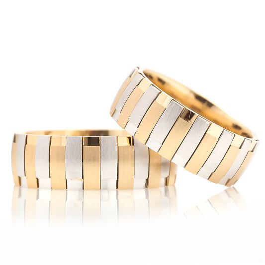 Gold and Silver Two-Tone Horizontal Stripe Wedding Ring Set