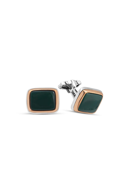 Silver Green Agate Stone Rectangle Thick Frame Cufflinks for Men
