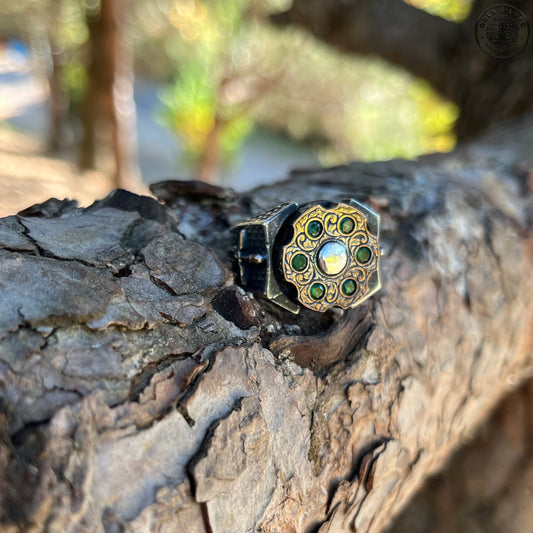 Green Zircon Stone Fidget Spinner Silver Ring with Sword Figure on tree