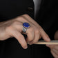 Lapis Lazuli Stone with Enameled Ellipse Men's Silver Ring Engraved Siding on finger