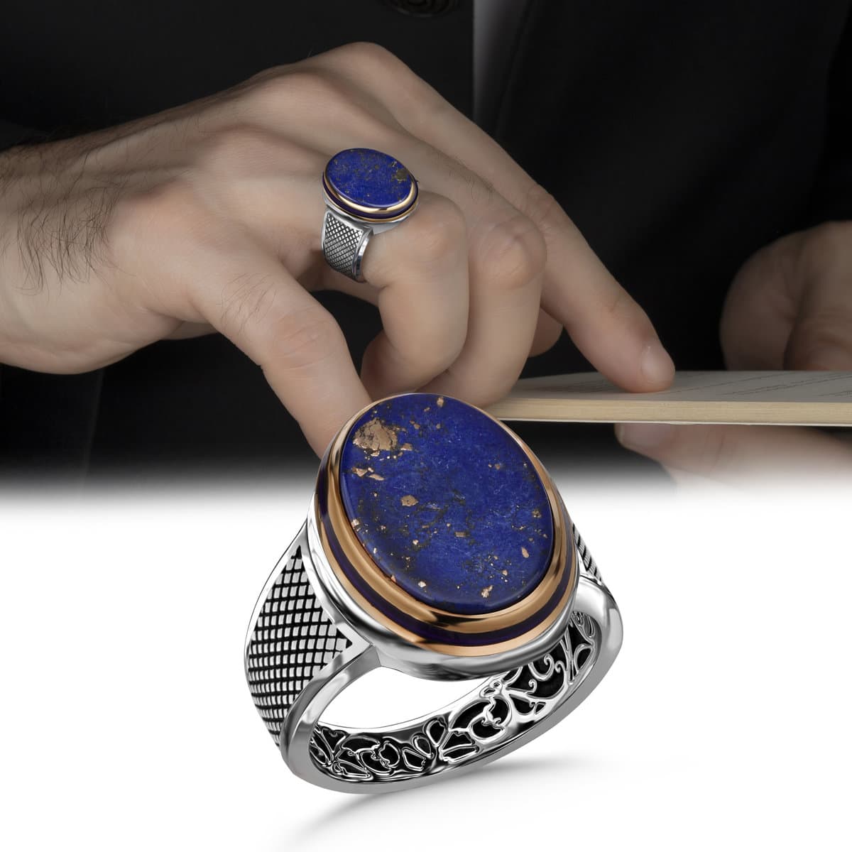 Lapis Lazuli Stone with Enameled Ellipse Men's Silver Ring Engraved Siding- on finger and single image