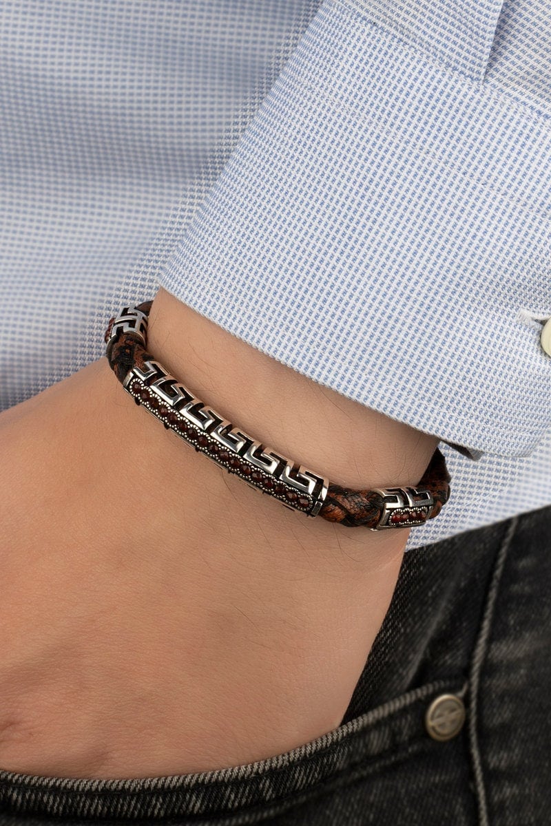 OrlaSilver Braided Leather Bracelet with 925 Sterling Silver Pattern on arm