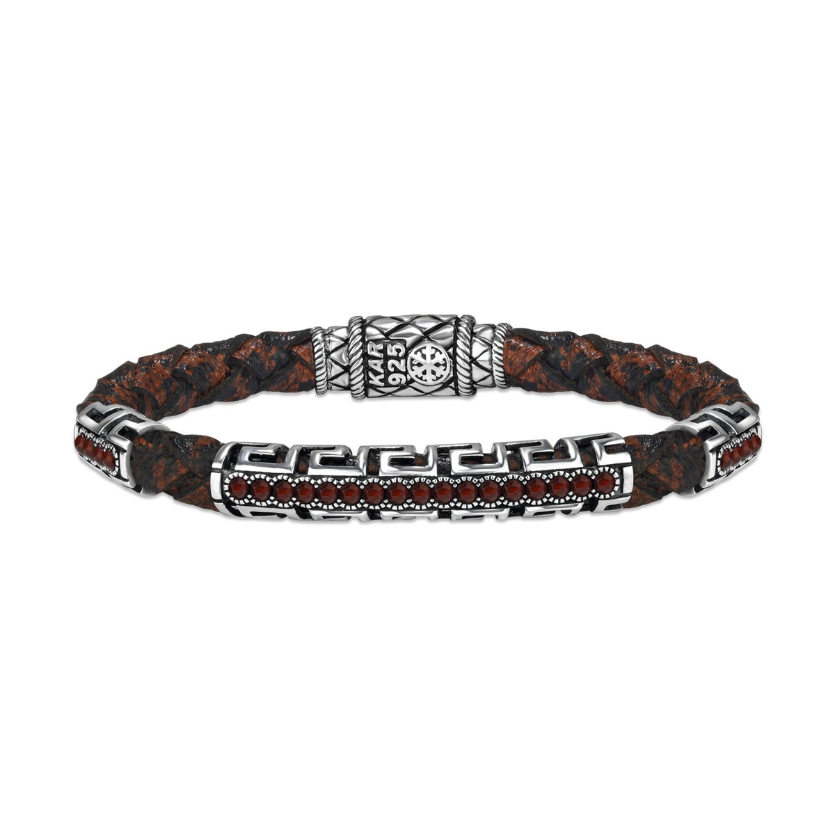 OrlaSilver Braided Leather Bracelet with 925 Sterling Silver Pattern