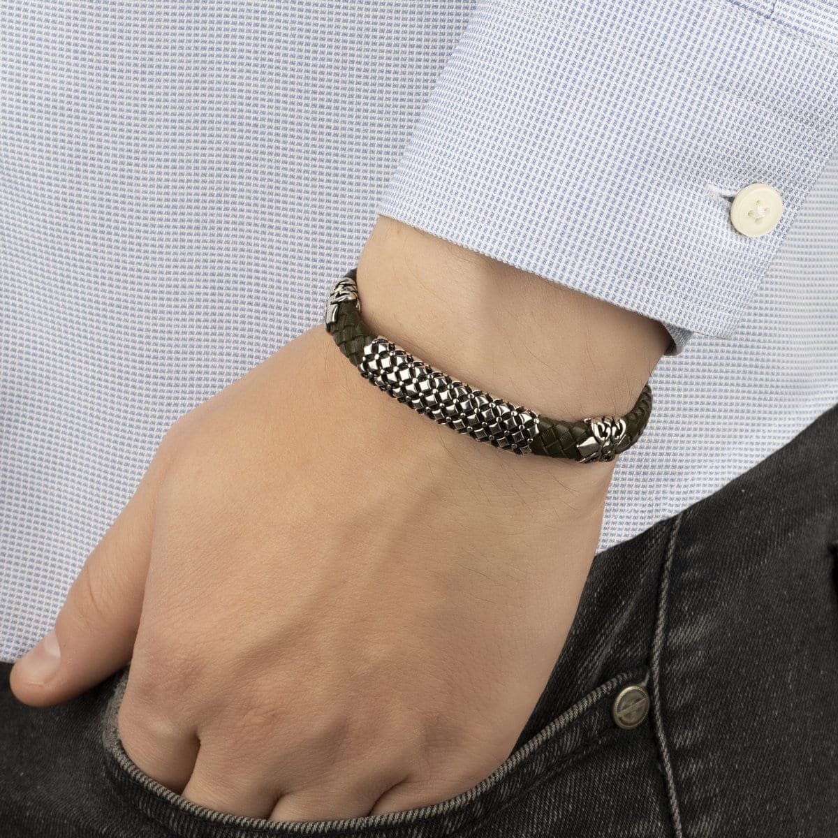 Sterling silver & leather bracelet - Bottega Veneta - Men
