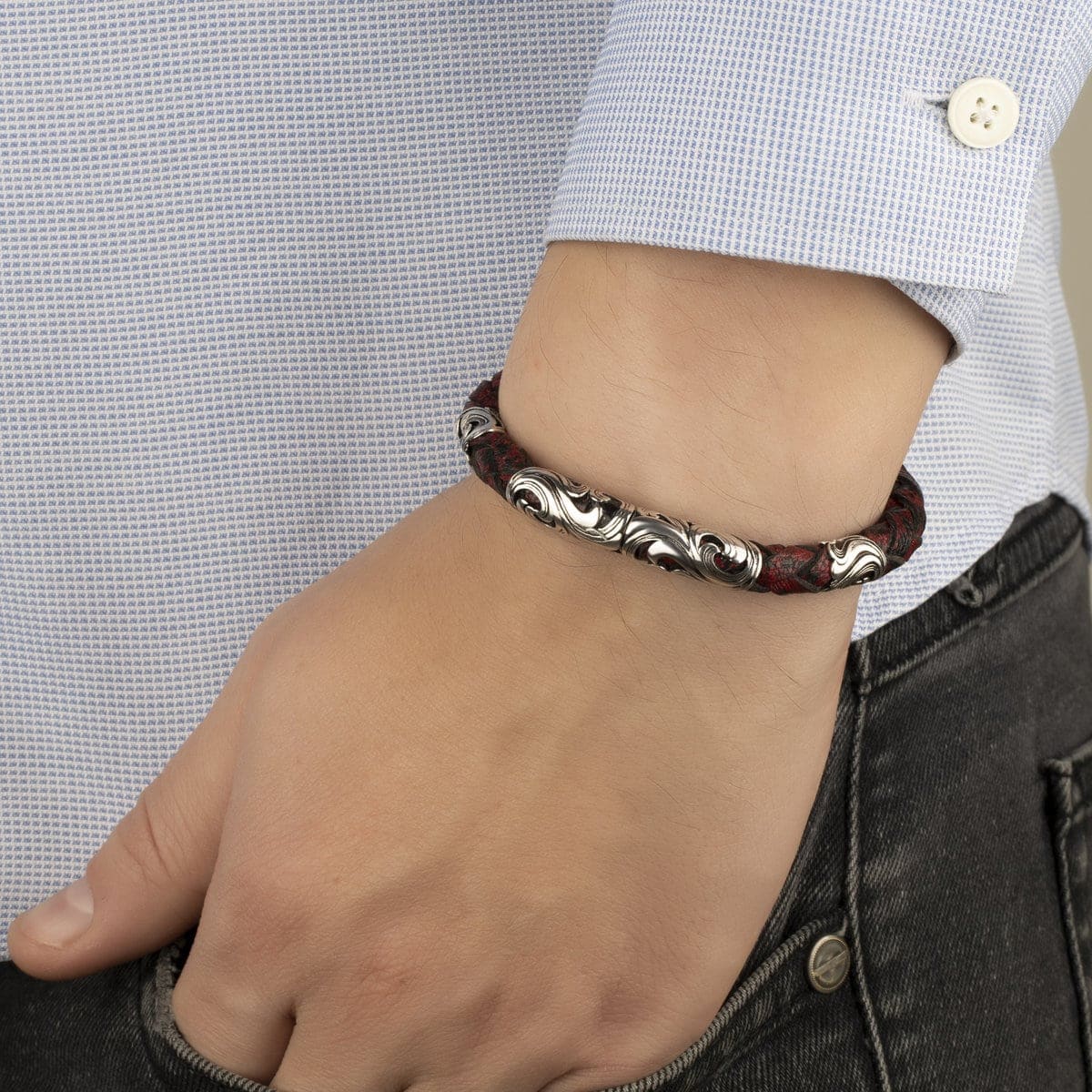 Mens sterling sale silver leather bracelets