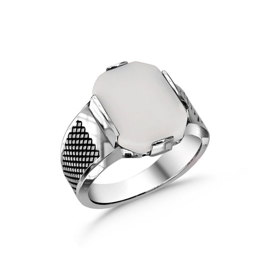 Men's White Onyx Stone Handmade Sterling Silver Ring