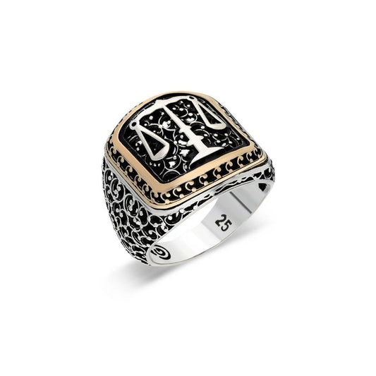 Men's Silver Ring - Bold Scales of Justice with Engraved Sides