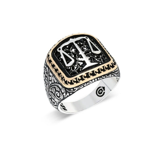 Libra Scales of Justice with Engraved Sides Men's Silver Ring