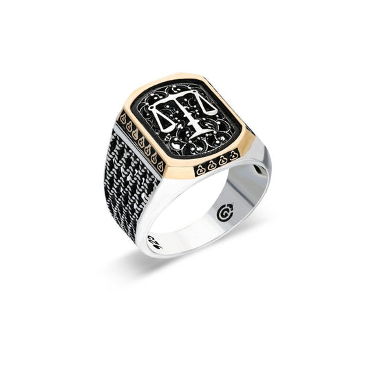  Scales of Justice with Diamond-Patterned Sides Mens Silver Ring