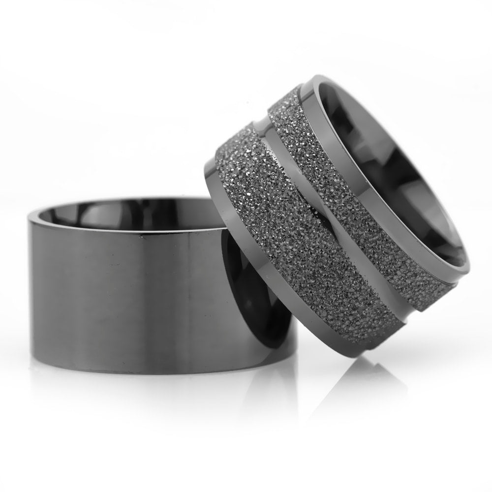 12-MM Black plain sterling silver wedding ring set orlasilver