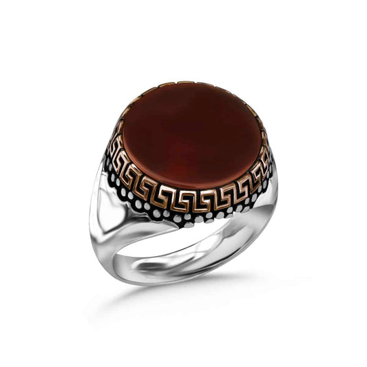 Flat Circle Red Agate Stone Men's Silver Ring