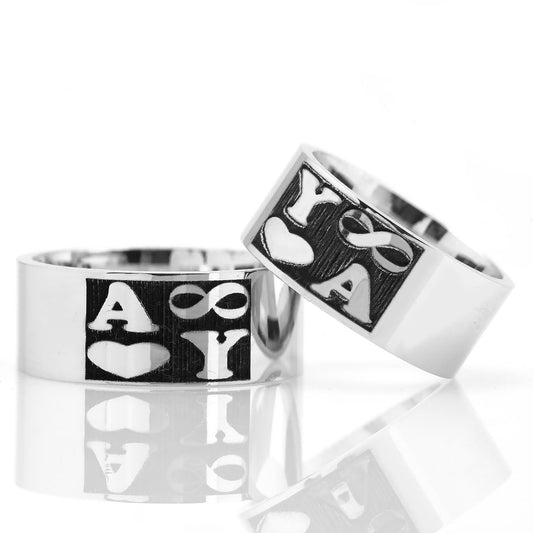 silver double wedding ring with Ä±nitial and Ä±nfinity symbol orlasilver